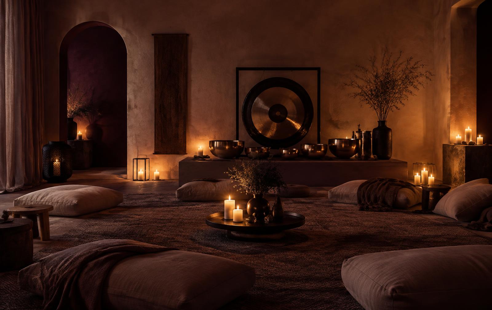 The candlelit sound lounge with floor cushions, bowls and a gong